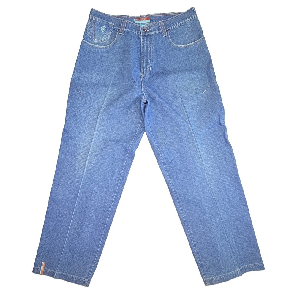 Rocawear Men's Baggy Denim Jeans 36x32 Blue Y2K Hip Hop Distressed Hem